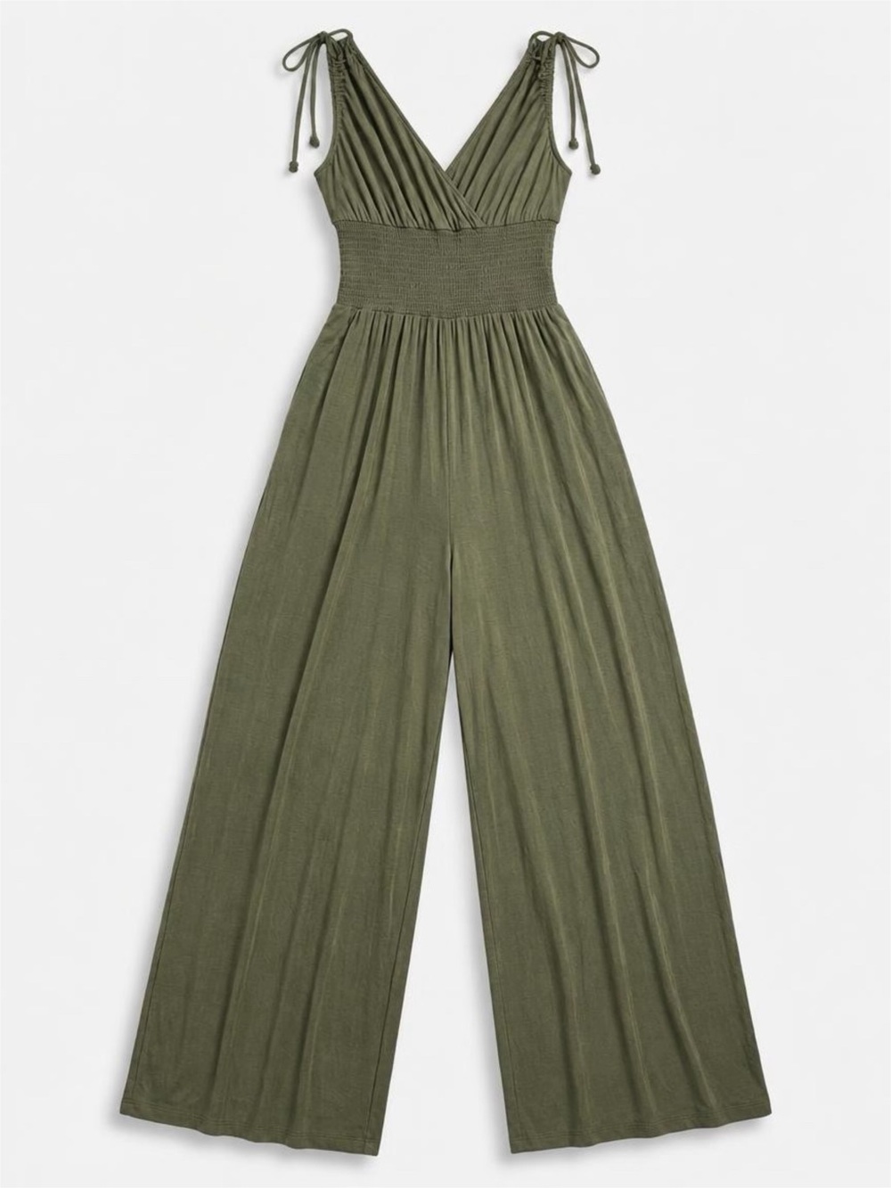 Smocked-Waist Olive V-Neck Wide-Leg Jumpsuit with Tie Straps size XS